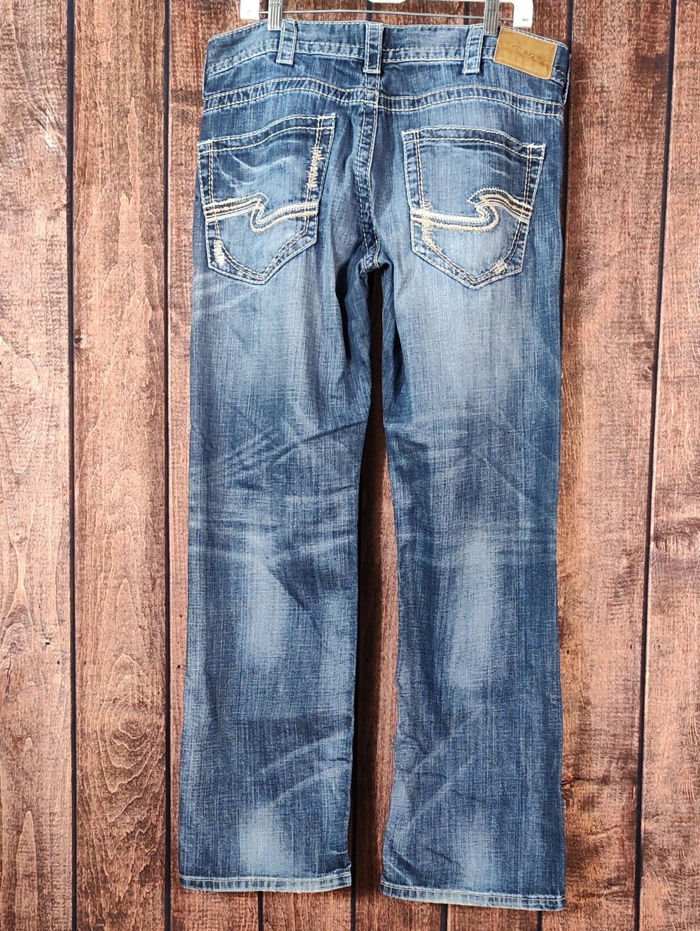 34x34 Silver Jeans ZAC Mens Boot Blue Denim With Raised Embroidered Pockets